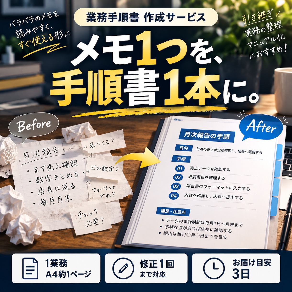 メモ書きを業務手順書に整えます バラバラのメモを、読んで使える手順書1本に イメージ1