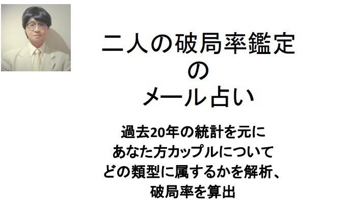 二人の破局率を鑑定します 過去20年の統計を元にAIがお二人の破局率を算出 イメージ1