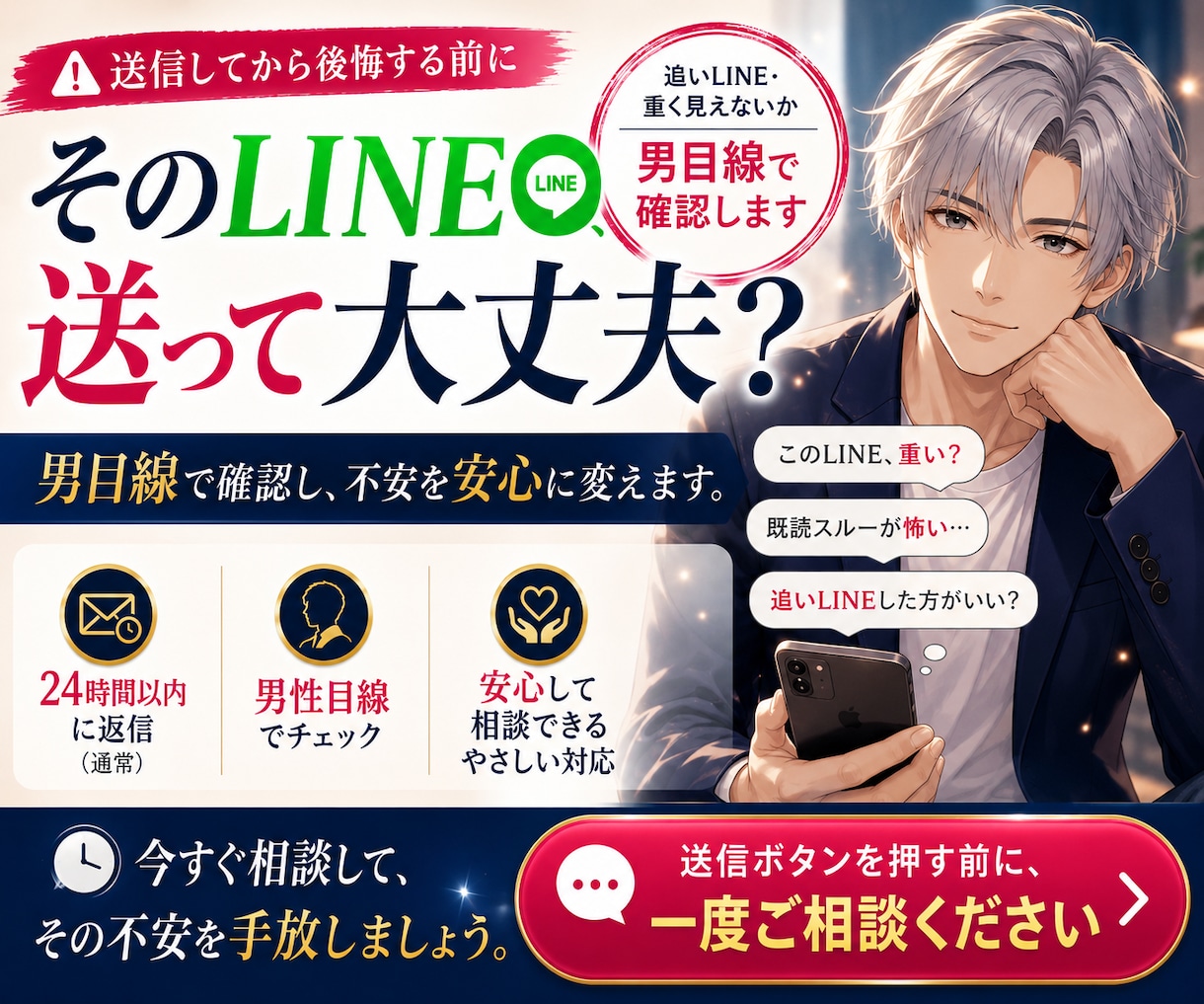彼に送るLINEを男目線で確認します 送る前に、重い・追いLINEに見えないか男性目線で整えます イメージ1