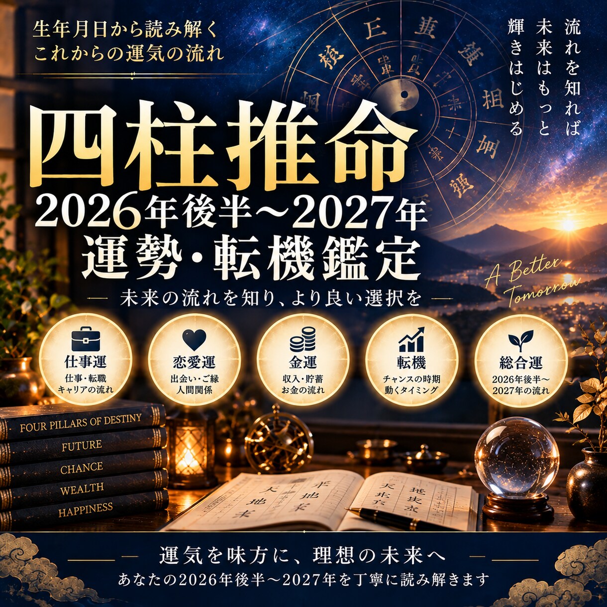 四柱推命で2026年後半〜2027年の鑑定します 仕事・恋愛・お金・転機まで、運気の流れを読み解きます イメージ1