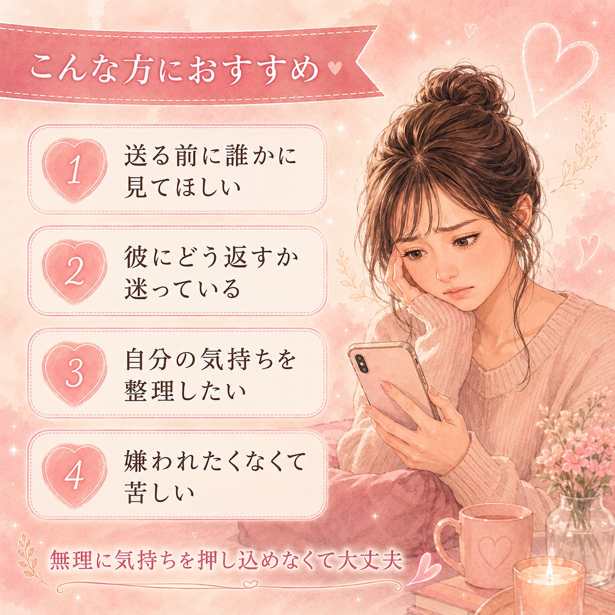彼に送るLINE返信を本音で一緒に考えます 重くならず本音が伝わる彼への一文を女性目線で考えます イメージ6