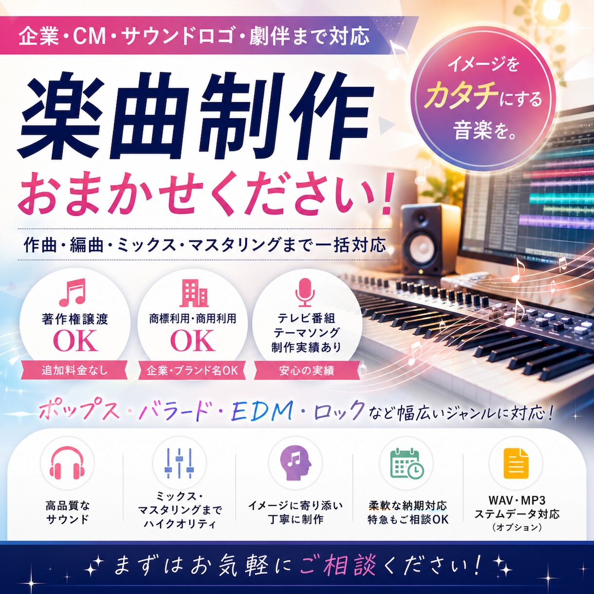現役のプロがオリジナル曲を制作いたします 作詞・作曲・BGMのMix、マスタリングまでいたします！ イメージ1
