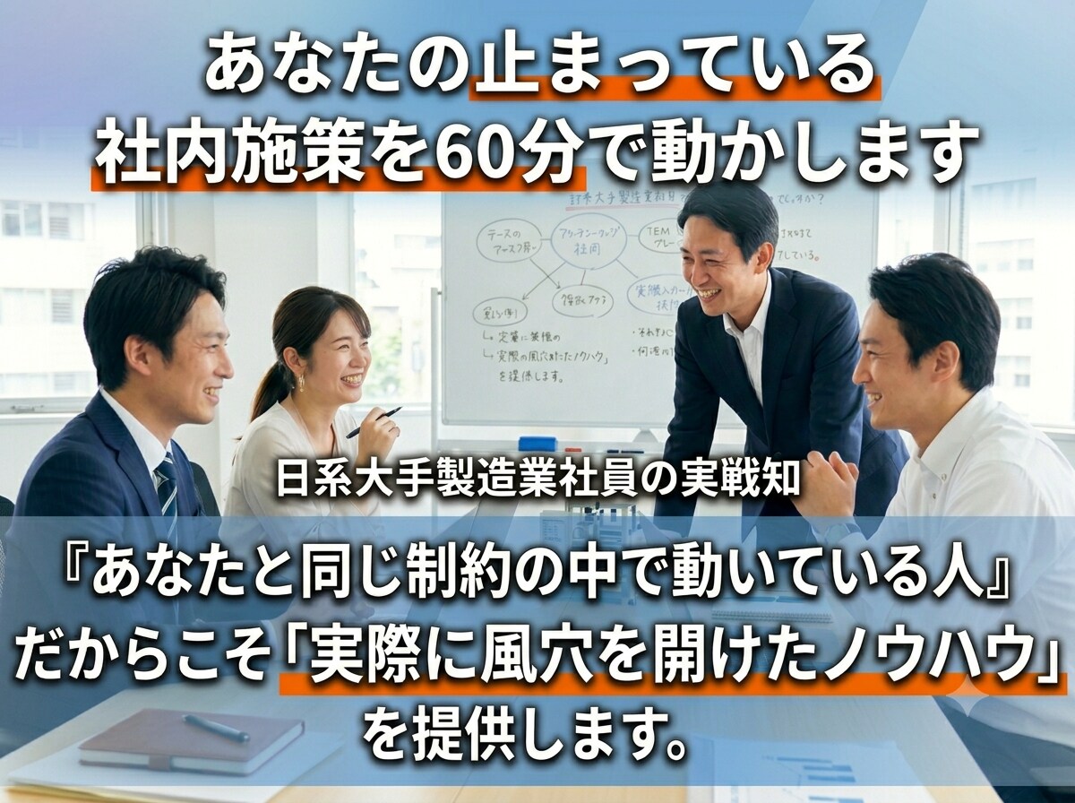 あなたの止まっている社内施策を60分で動かします ★日系大手社員：あなたと「同じ制約で動く」私の実戦ノウハウ イメージ1