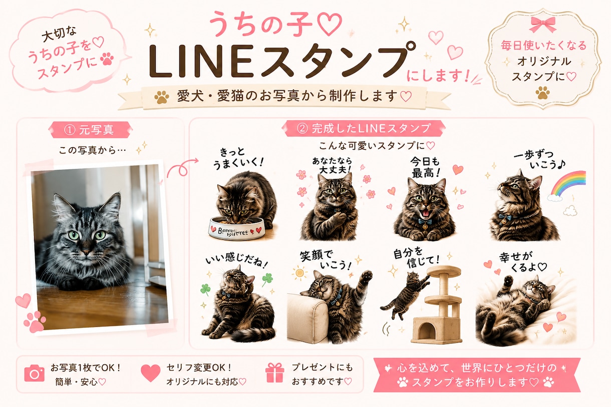 愛犬・愛猫の写真をLINEスタンプに♡します 写真1枚から♡可愛い8個のスタンプに♪ イメージ2