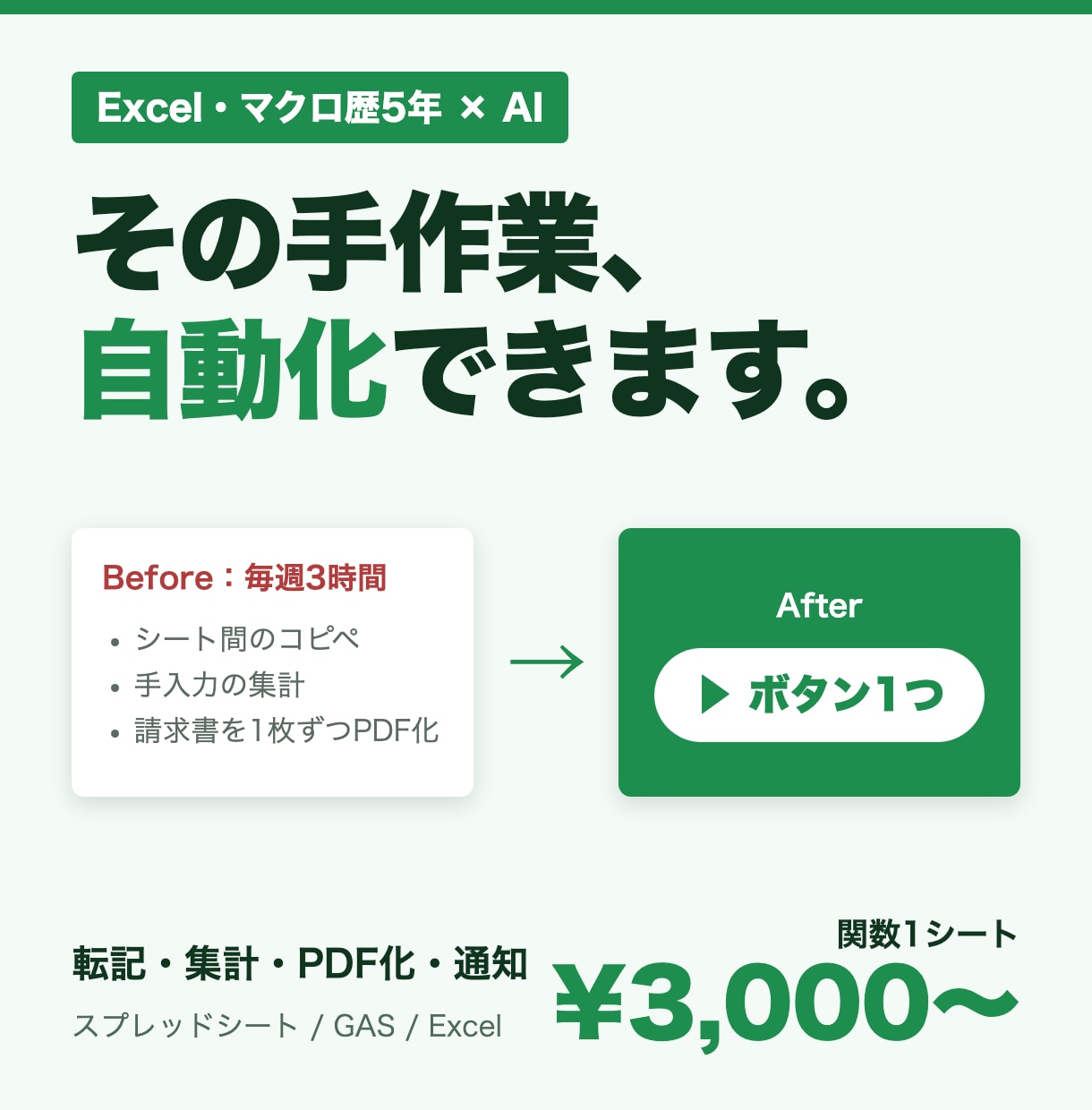 スプレッドシート・Excelの手作業を自動化します マクロ歴5年×AI｜転記・集計・PDF化をボタン1つに イメージ1