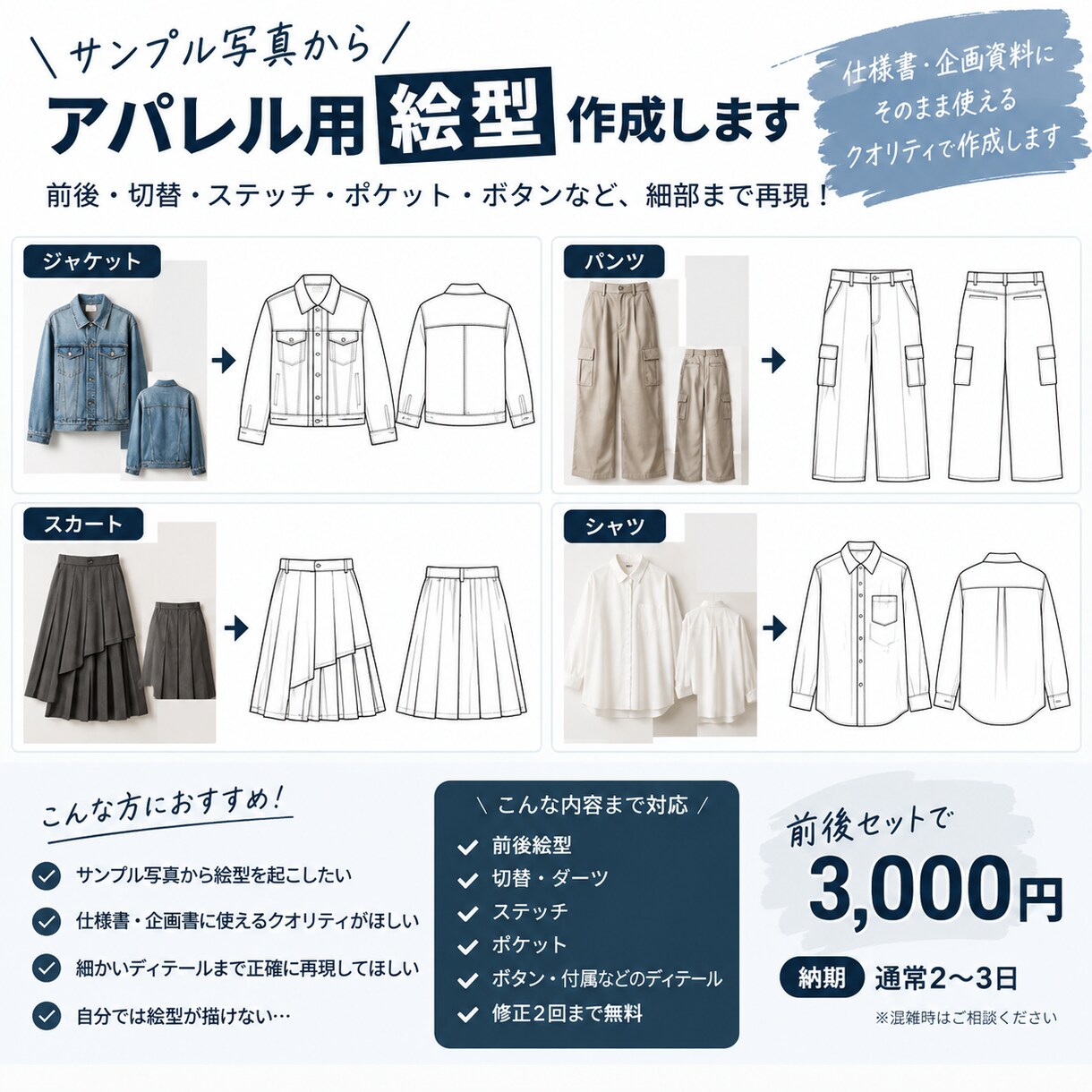 初めて〜現役までプロ品質で使える絵型作成します 現役アパレル経験者が細部まで再現します イメージ1