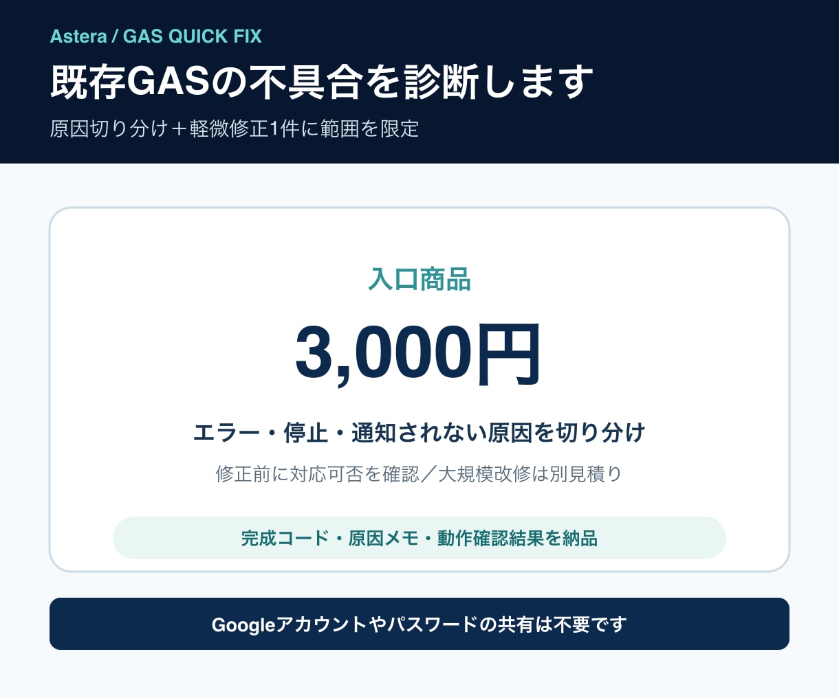 既存GASの原因診断と軽微修正に対応します 購入前に範囲確認｜軽微修正1件と確認結果をお渡し イメージ1