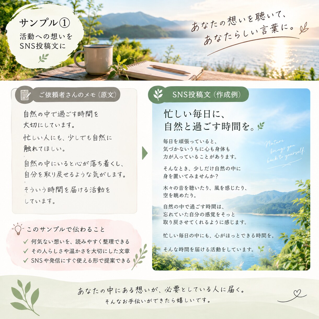 SNS投稿文をあなたの想いが伝わる文章にします 投稿したいことを整理して、あなたらしい発信文章にします イメージ2