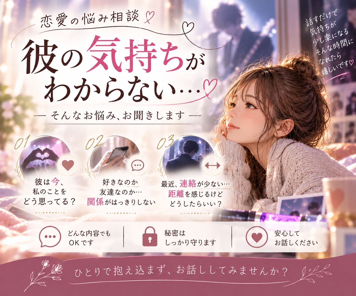 彼の気持ちがわからない…恋愛の悩みを聞きますます 連絡が減った、態度が冷たい…不安な気持ちに寄り添います イメージ1