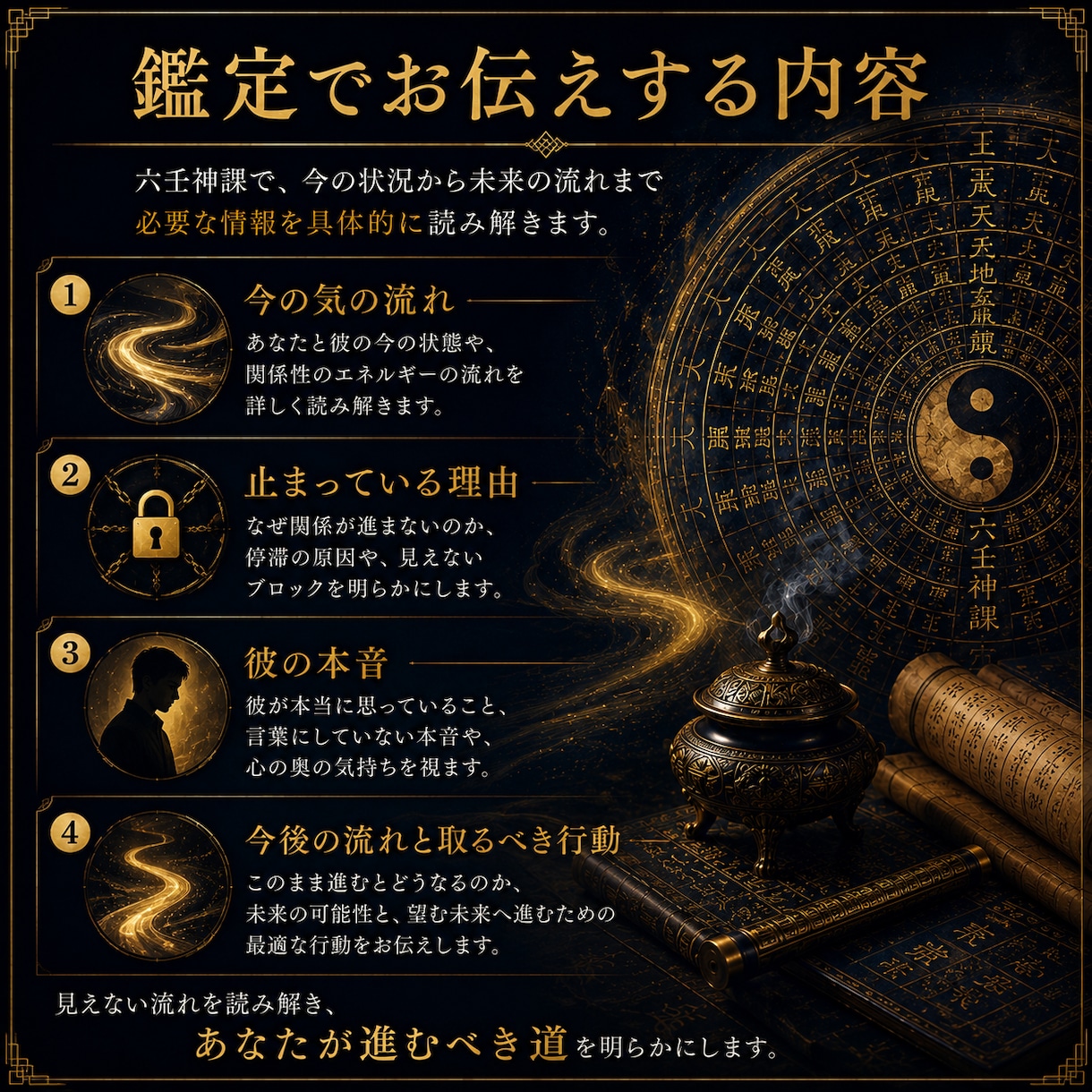 彼の本音と関係の行方｜動く時期まで視ます 彼の本音、関係の停滞、その理由を六壬神課で読み解きます イメージ4