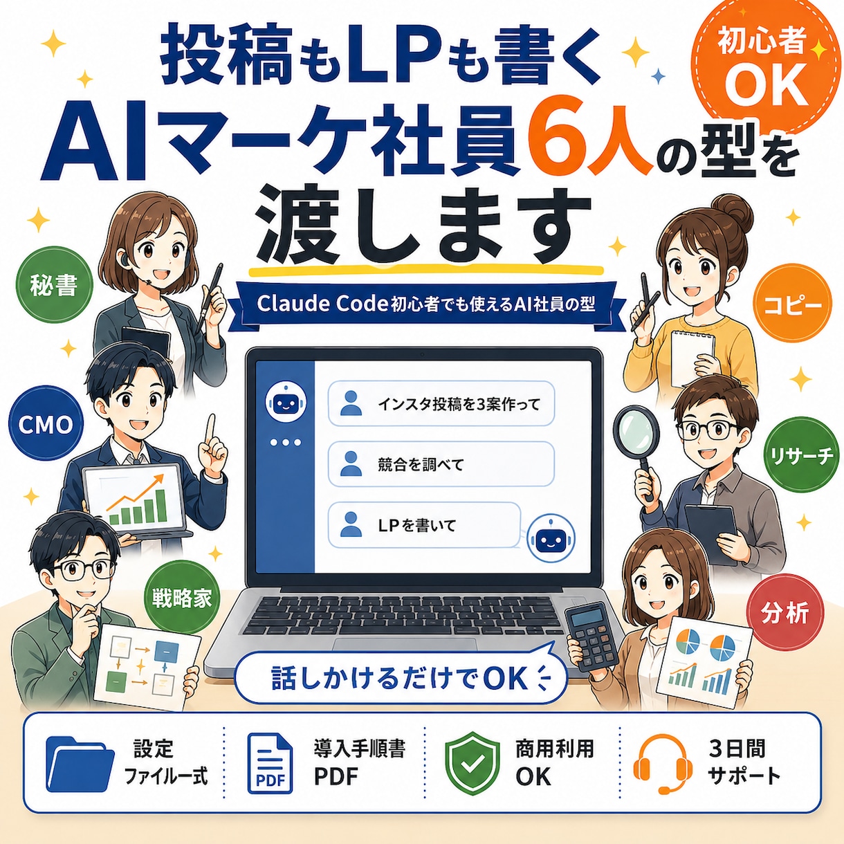 投稿もLPも書くAIマーケ社員6人の型を渡します Claude Code初心者でも使えるAI社員の型 イメージ1