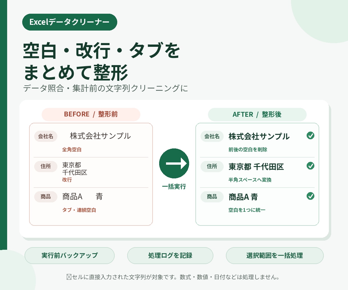 Excelの空白・改行・タブを一括整形します バックアップ・処理ログ付きで安全にデータを整形 イメージ1
