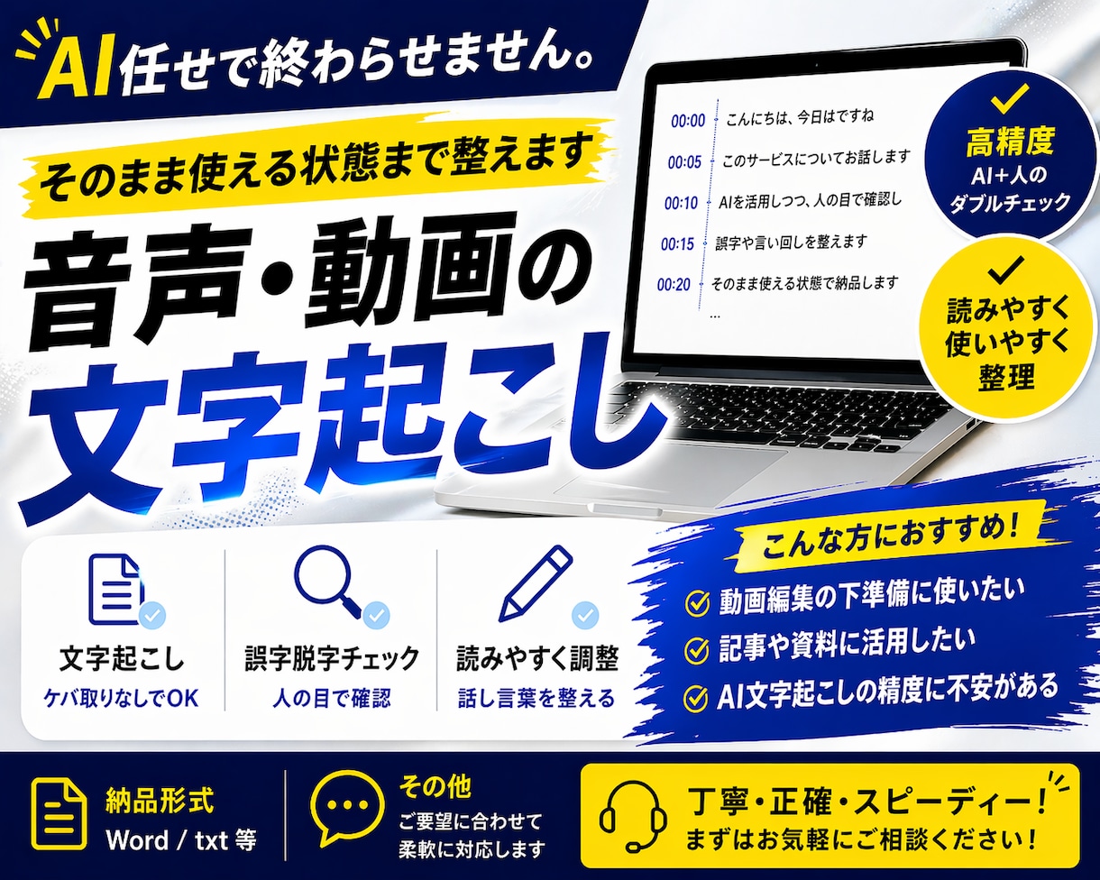 動画・音声を正確に文字起こし＆整えます AI任せで終わらせません。そのまま使える状態まで整えます イメージ1