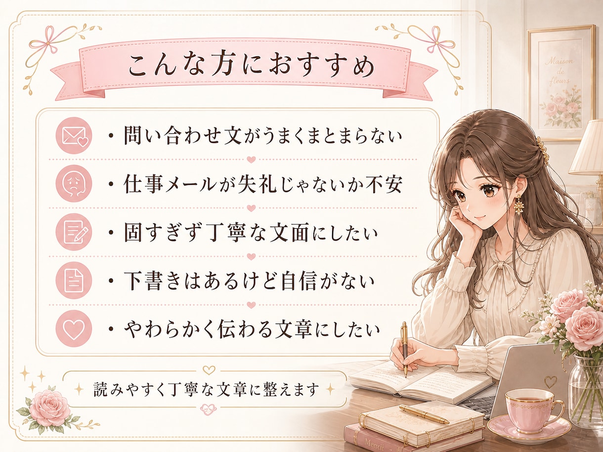 問い合わせ文・仕事メールを丁寧な文章に整えます 事務経験を活かし、伝わりやすく丁寧な文面に整えます。 イメージ2