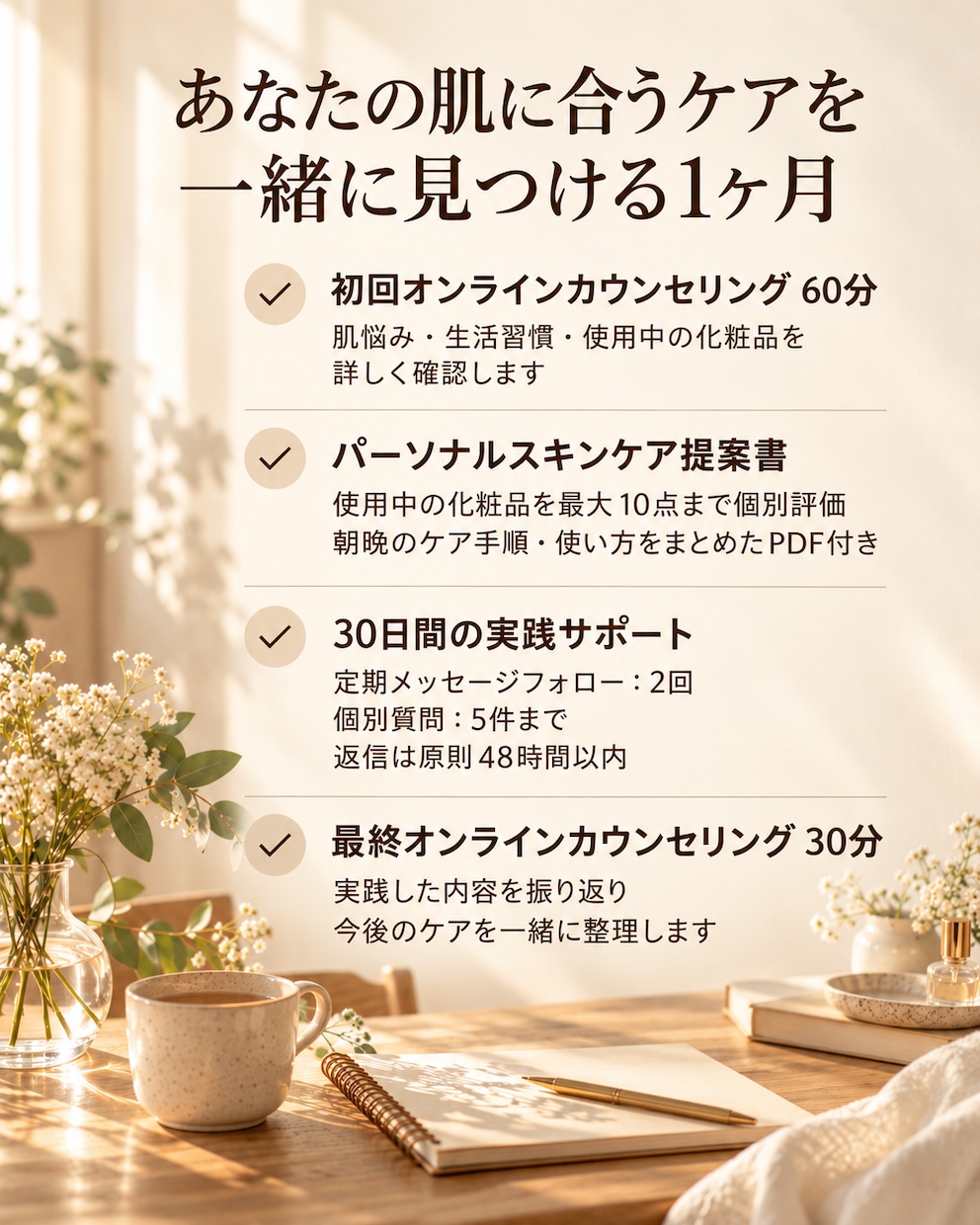 あなたに必要なスキンケアを一緒に見つけます もうスキンケア選びで迷わない 30日間の個別サポート イメージ5