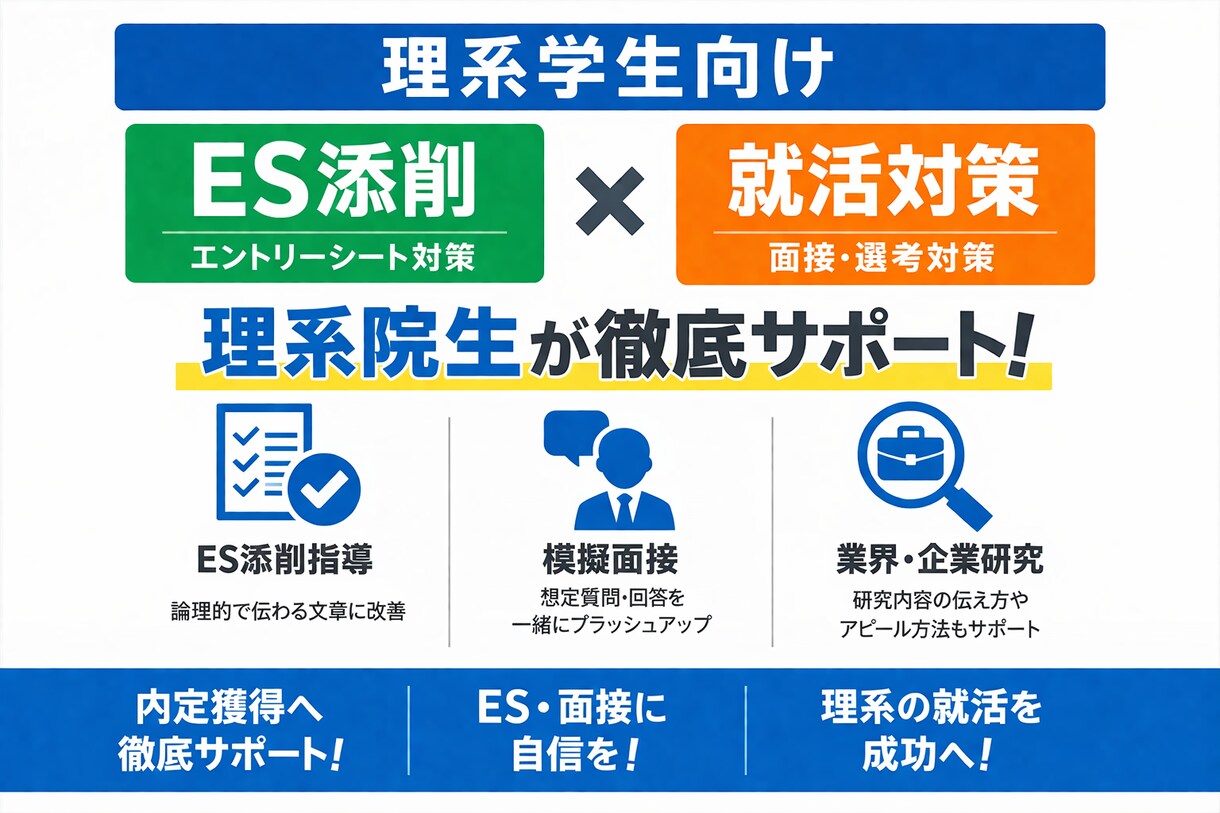 理系学生の就活対策｜ES添削・面接対策します ES通過率を一気に引き上げ、最短で内定に近づく対策 イメージ1
