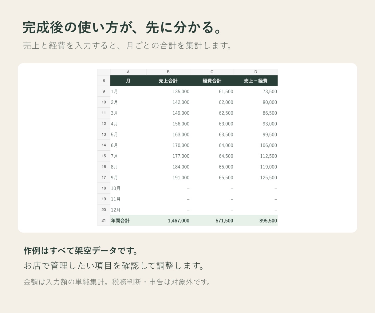 サロンの売上・経費管理表を作成します 売上と経費を月別集計。使いやすい管理表をお店に合わせて イメージ2