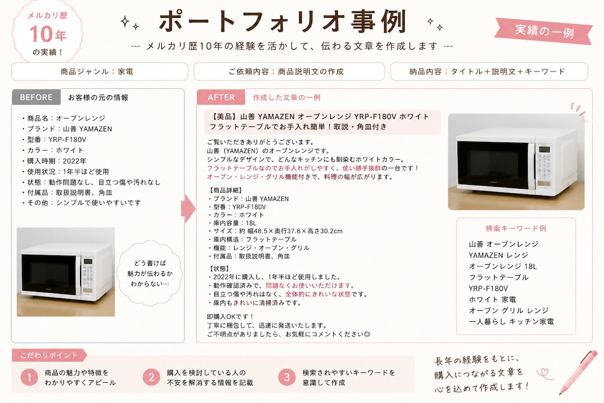 メルカリ歴10年｜伝わる商品説明文を作成します 面倒な文章作成をおまかせ！タイトル•説明•検索キーワードなど イメージ3