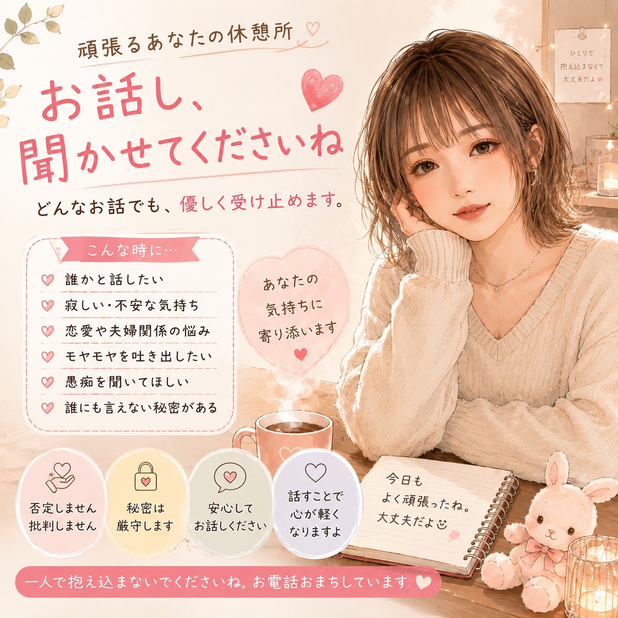 頑張りすぎた心の休憩所になります 疲れた時、泣きたい時、誰かに聞いてほしい時に。 イメージ1