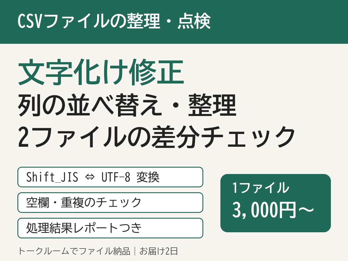 CSVの文字化け修正・列整理を2日で納品します Shift_JIS/UTF-8対応・結果レポートつき イメージ1