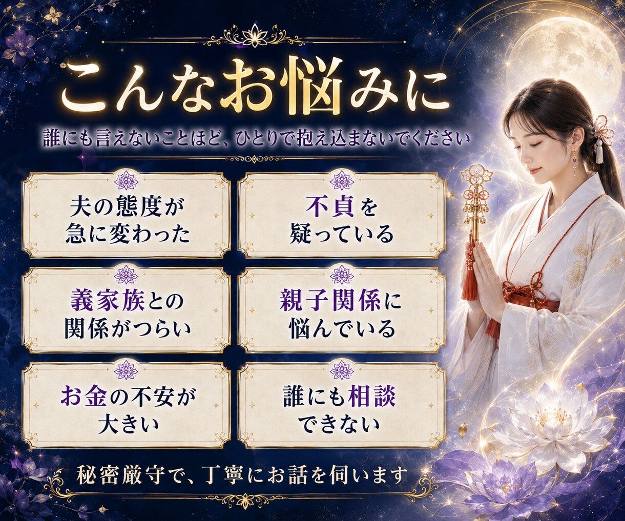 夫婦関係このままでいいのか霊視します 夫の本音・冷えた関係・家庭の重さに、今必要な答えを届けます イメージ4