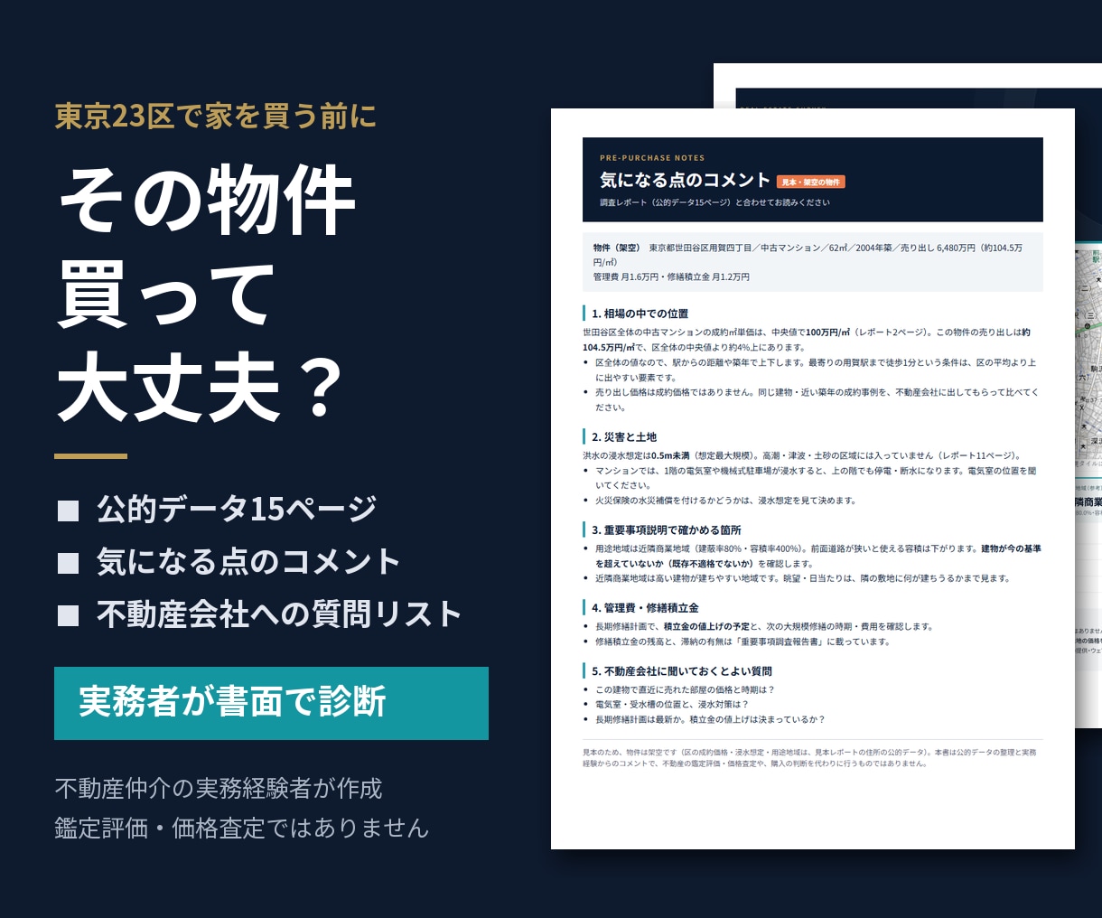 その物件買って大丈夫？実務者が書面で診断します 公的データ15ページ＋気になる点のコメント付き イメージ1