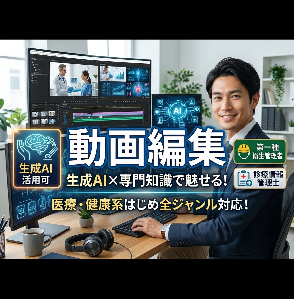 医療・健康系に強み　動画編集（AI利用可）承ります 第1種衛生管理者や診療情報管理士の資格を活かした編集対応 イメージ1