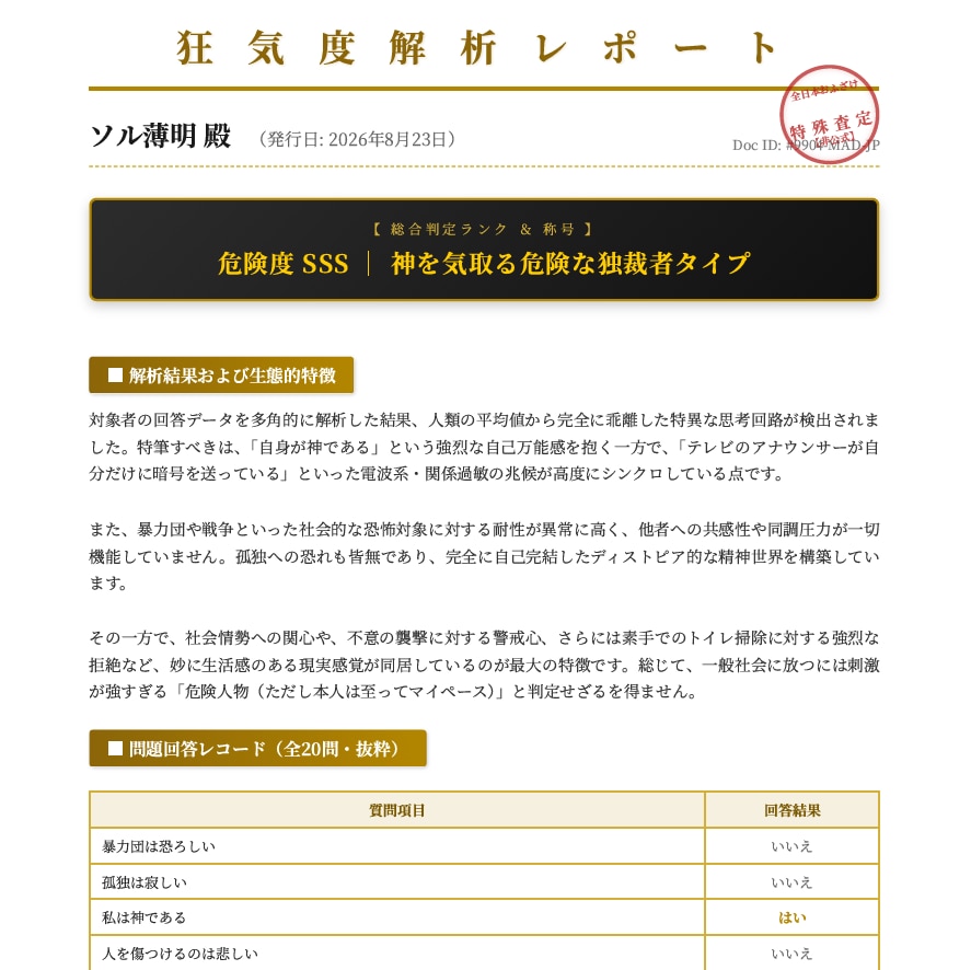 頭脳の聖人度・狂気度解析レポートを発行します 精神分析問題への回答を元に頭脳の状態を分析します。 イメージ2
