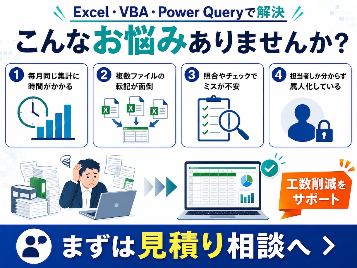 エクセル/VBAパワークエリで自動化します 工数80%削減実績｜毎月・毎週の面倒なエクセル作業を仕組み化 イメージ2