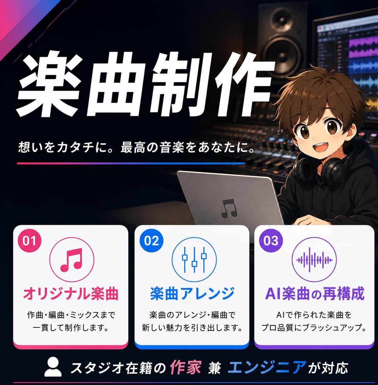 スタジオエンジニアが楽曲制作・アレンジします オリジナル曲、アレンジ、AI曲の再構成など イメージ1