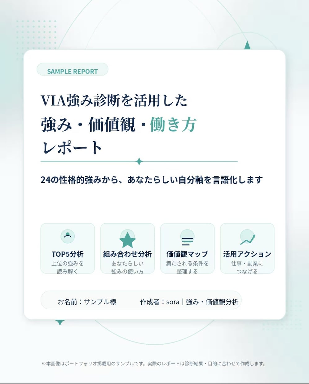 VIA強み診断の結果を仕事・副業の自分軸に整えます 強み・価値観・満たされる働き方をPDF風レポートで整理します イメージ2