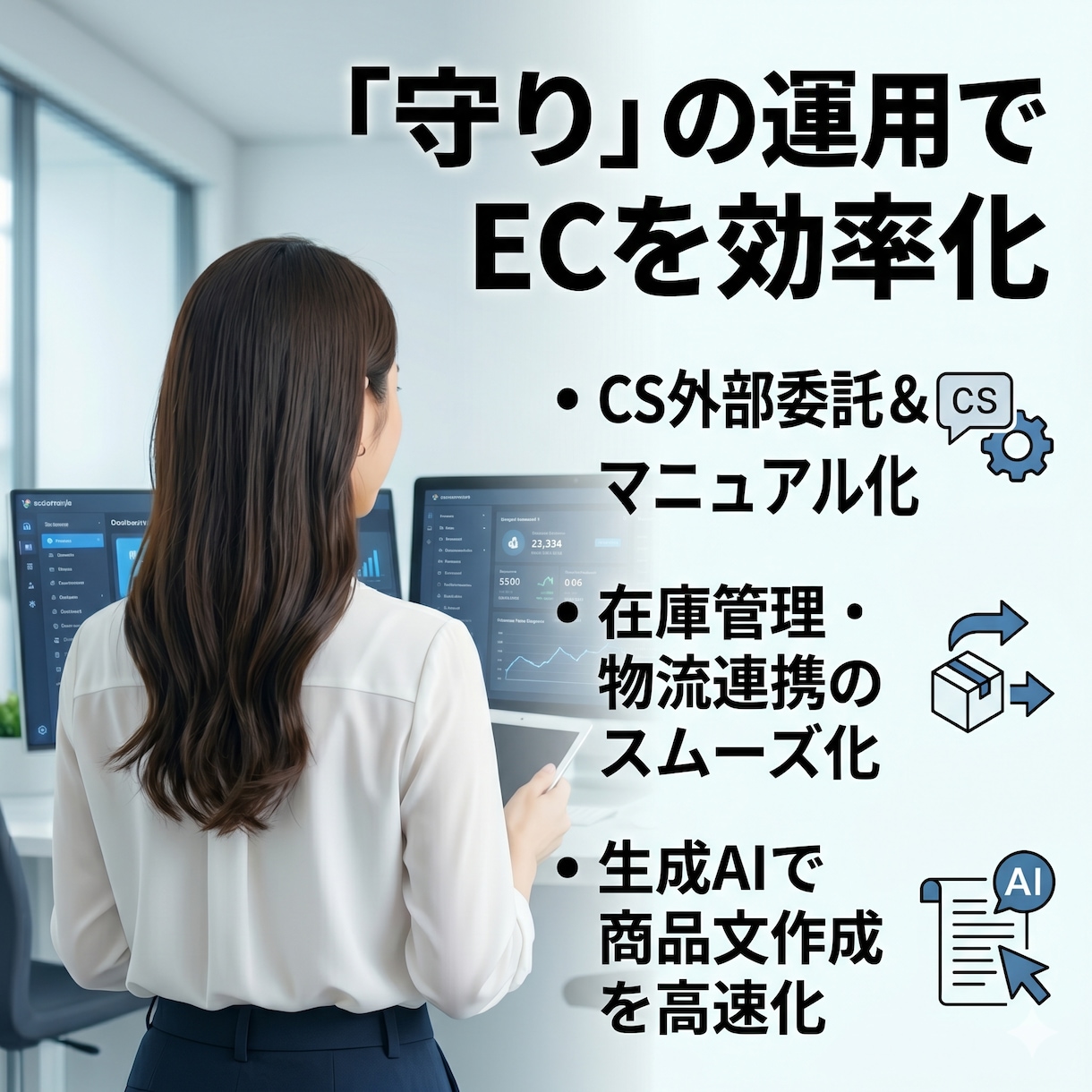 多モール運用のプロが攻めと守りで利益を最大化します 工数・CS削減を徹底し、面倒な運用を仕組み化します。 イメージ1