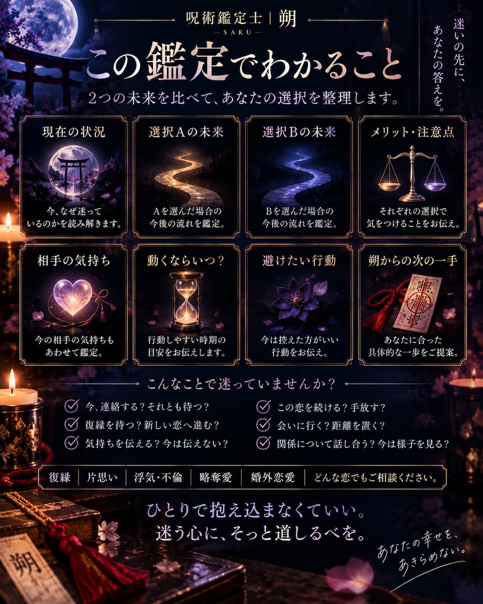 迷う恋の縁を整え今後の進み方を占います 【朔式・縁整え《選択鑑定》】待つ？動く？2つの未来を導きだす イメージ2