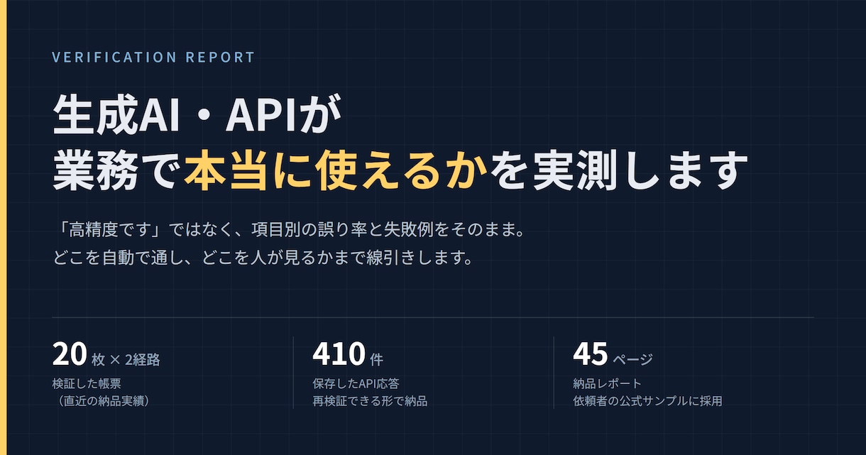 生成AI・APIの精度を検証しレポート化します 実測した数字と失敗例で、導入可否を判断できます イメージ1