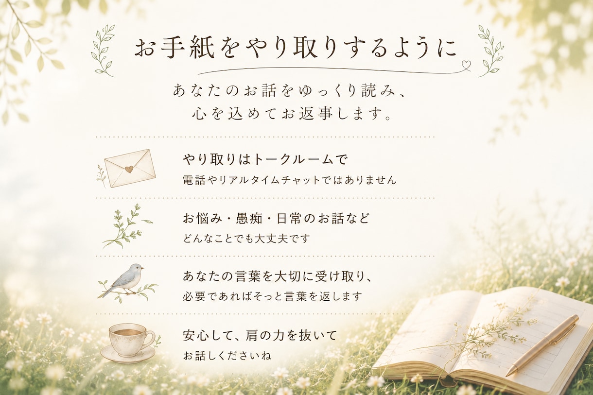 お手紙のように心を込めてお返事します ひとりで抱えず、お話ししませんか。 イメージ2