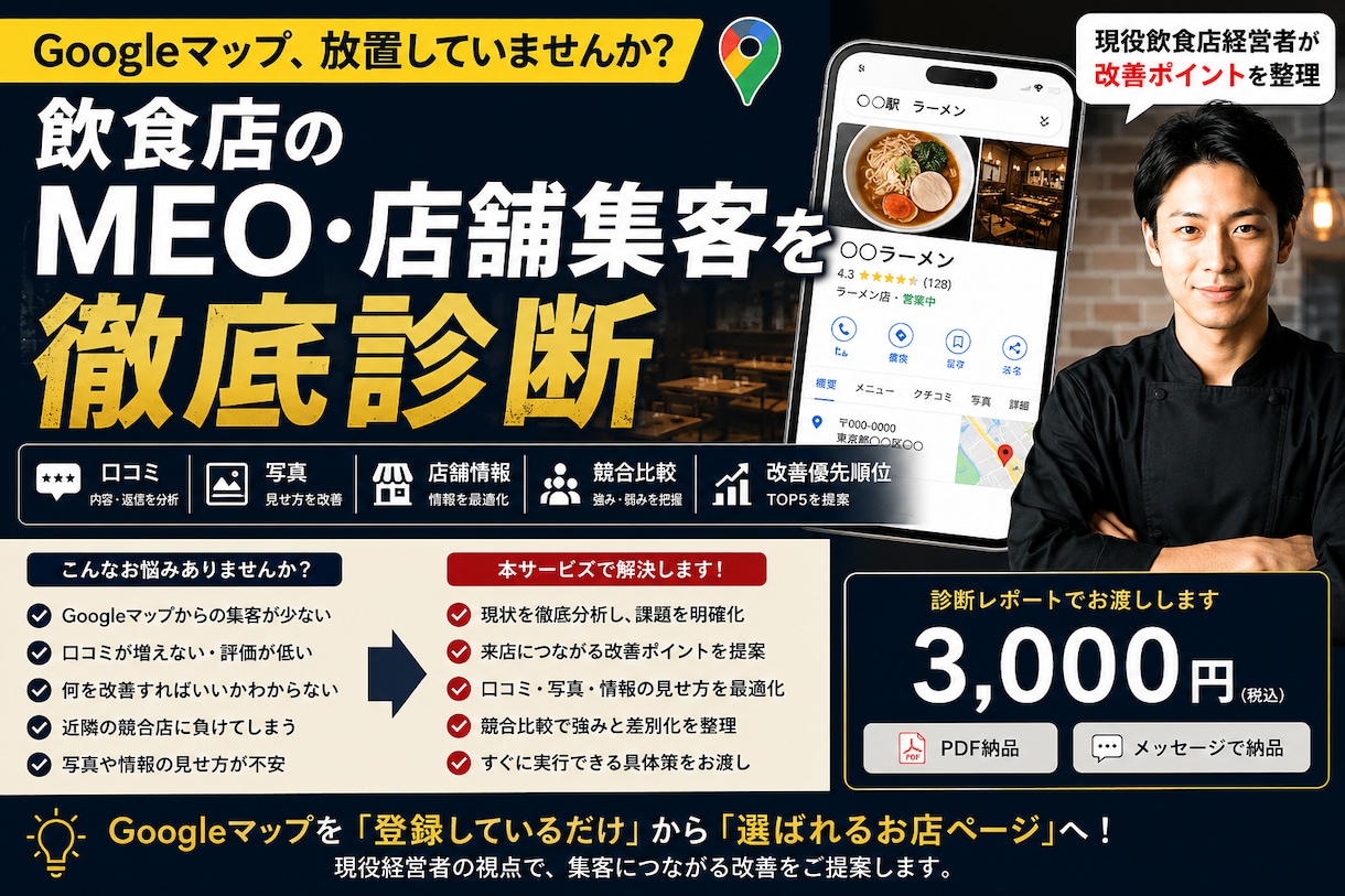 飲食店Googleマップ集客を現役社長が診断します 店舗ページを分析し集客につながる改善点を具体的に整理します イメージ1