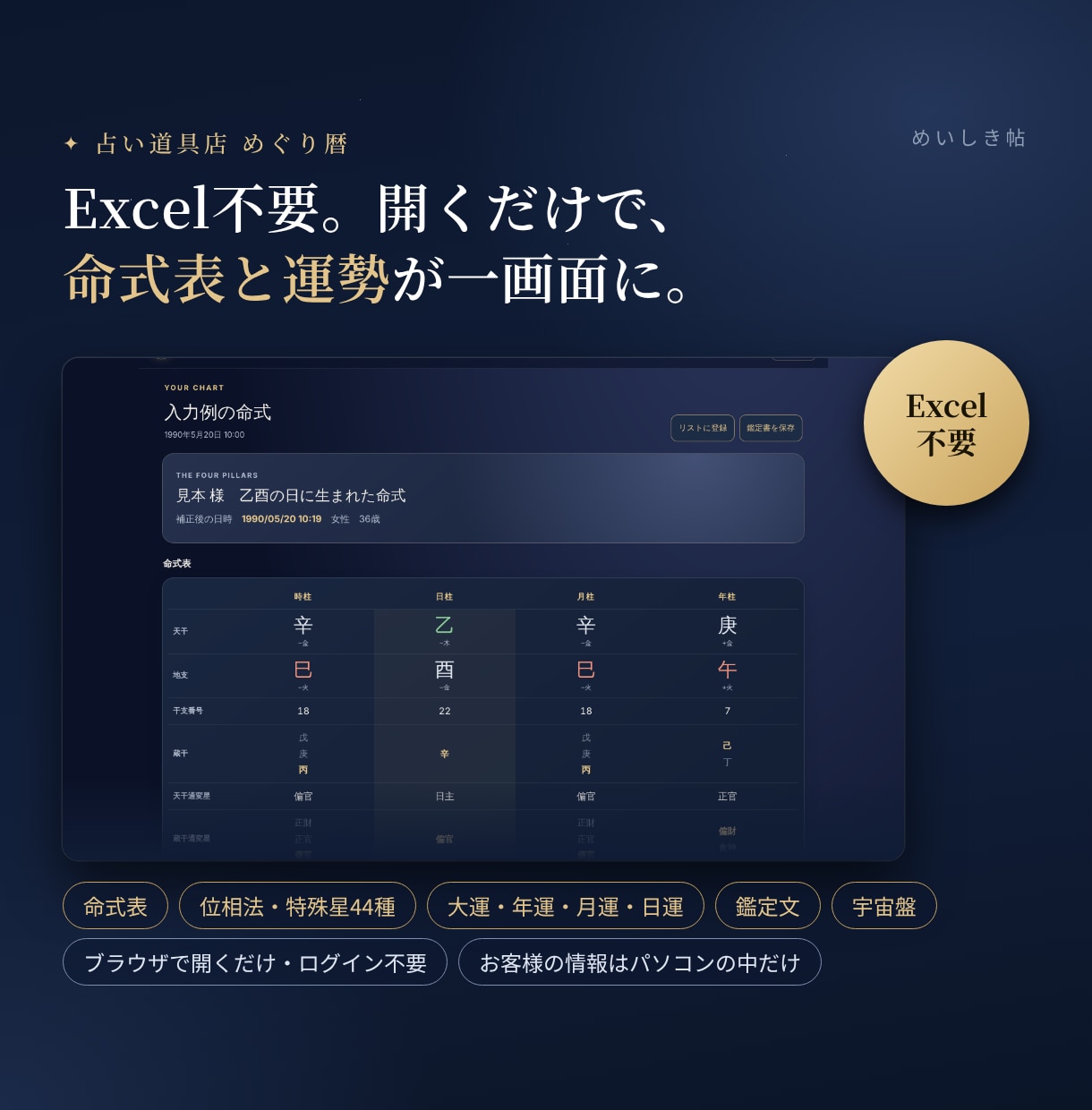 四柱推命の命式表と鑑定書を作るツールを提供します Excel不要・開くだけ。位相法・特殊星・守護神まで一画面で イメージ1