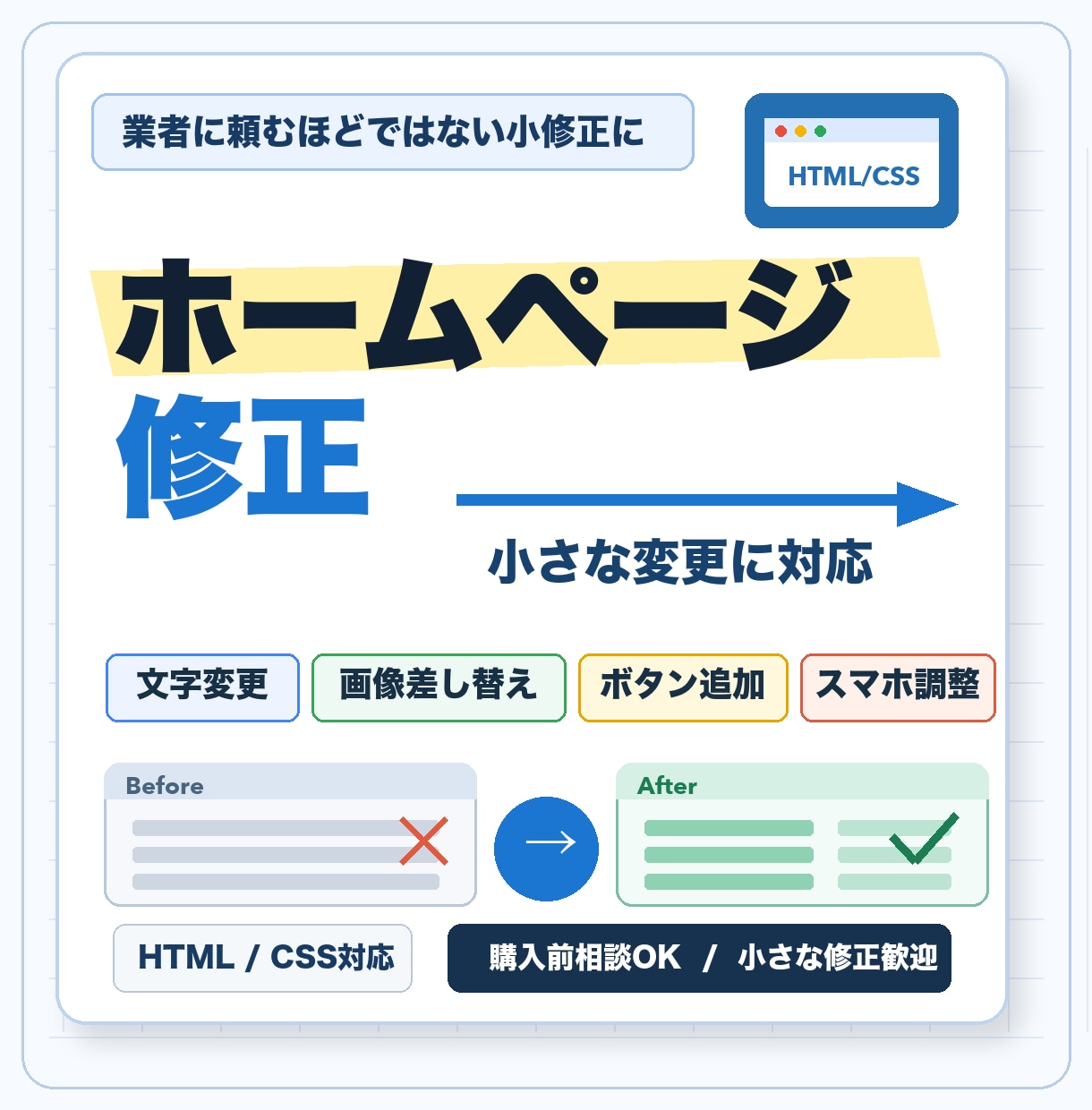 ホームページの小さな修正を対応します 文字変更・画像差し替え・ボタン追加・スマホ表示調整を行います イメージ1