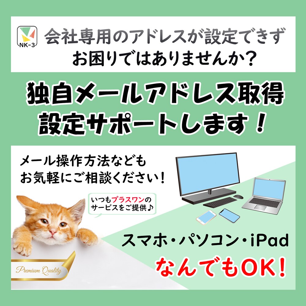 独自メールアドレス取得と、端末設定をサポートします 独自ドメインからアドレス取得しブランド力を高めませんか？ イメージ1