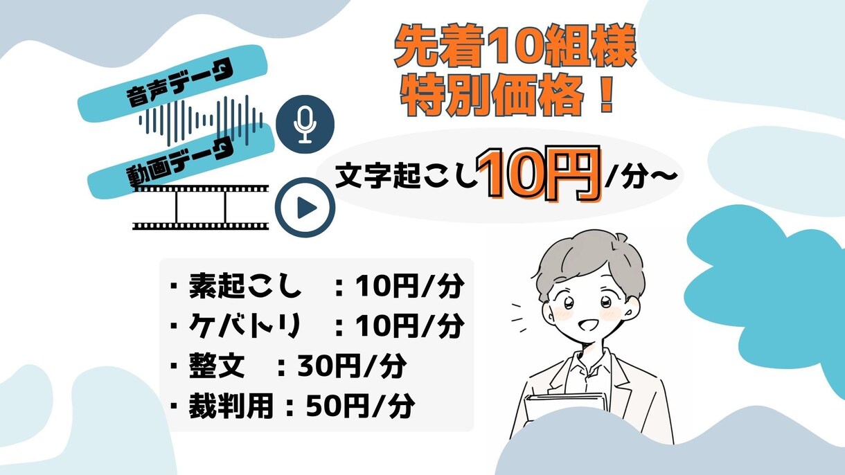 高精度・低単価で動画音声データから文字を起こします 先着10名様には10円/分〜、お試し価格で！ イメージ1