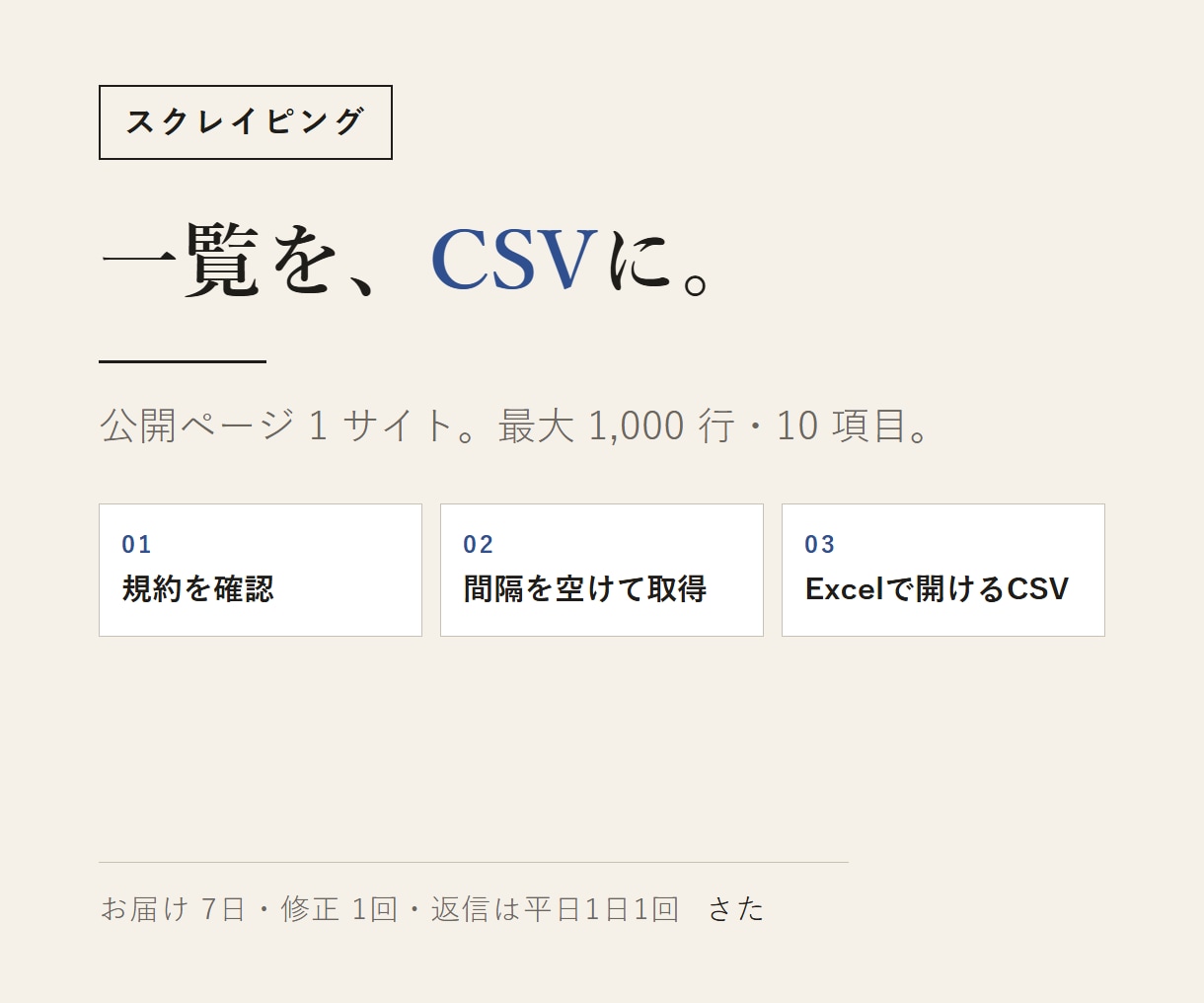 スクレイピングで公開ページの一覧をCSVにします 1サイトの一覧を最大1,000行・10項目まで表にします イメージ1