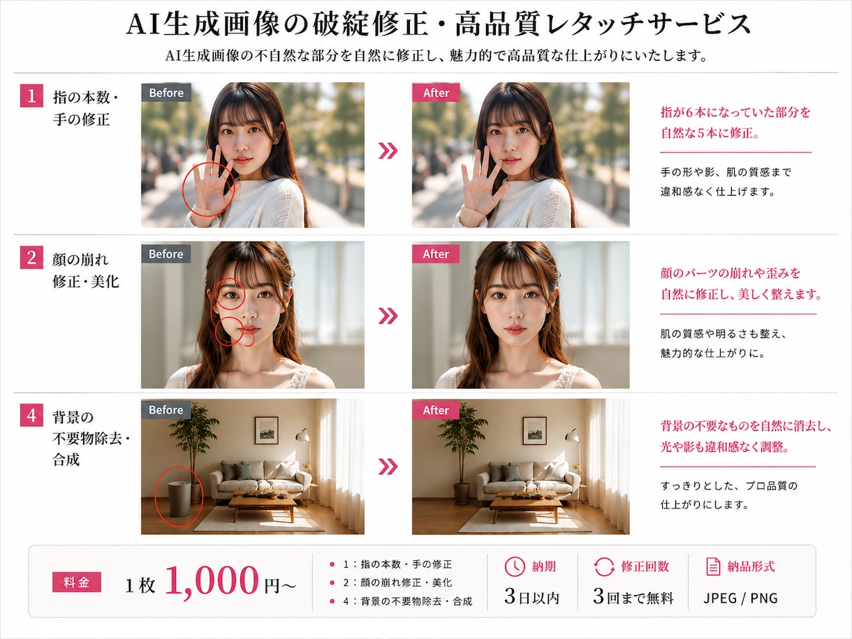 AI生成画像の破綻を違和感なく自然に修正します 顔補正・手指修正・不要物除去・人物追加・画像加工対応 イメージ1