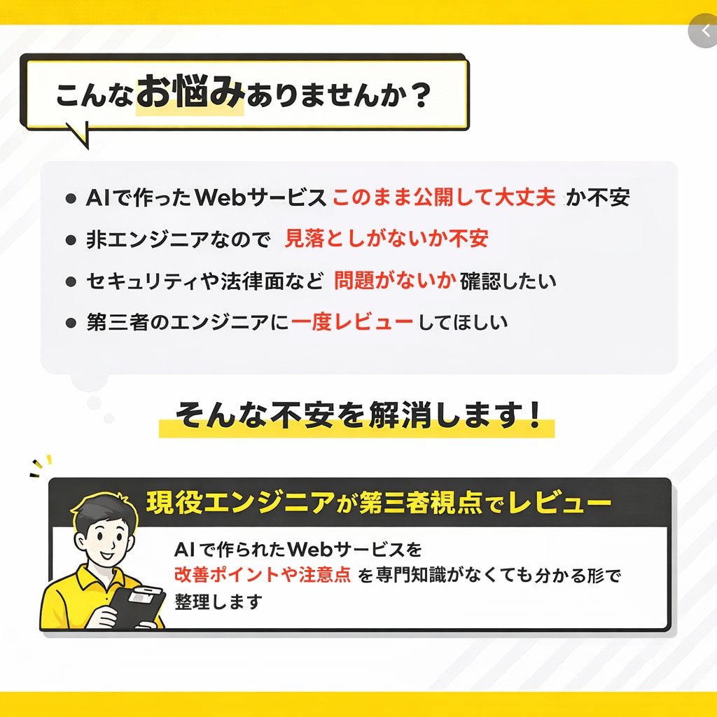 AIで作ったWebサービスをレビューします アイデア〜公開前・運用中まで 現役エンジニアがレビュー イメージ2