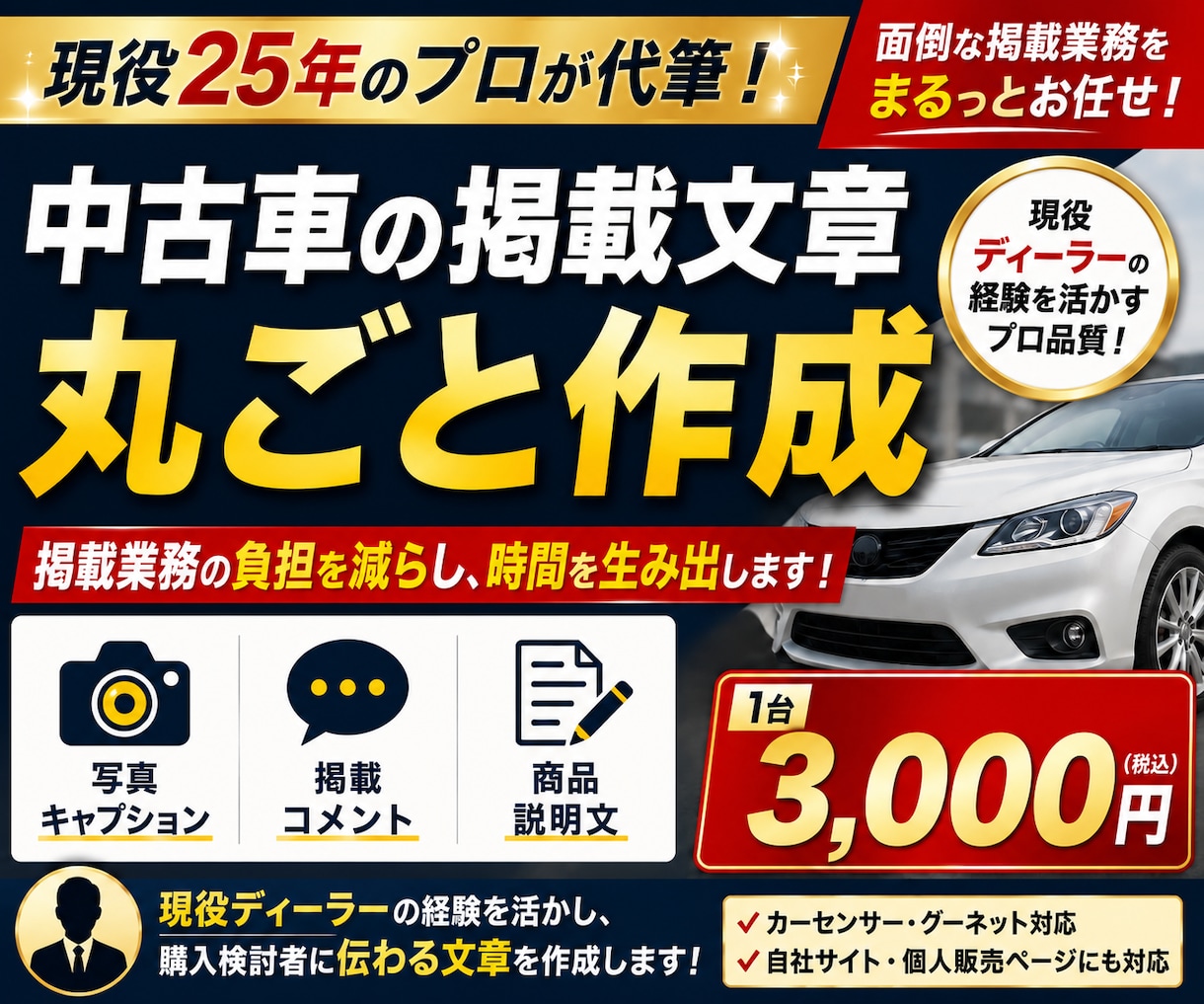 カーセンサー・グーネット掲載用の文章を作成します 車両情報と写真を送るだけ。掲載文章を1台分まとめて作成します イメージ1