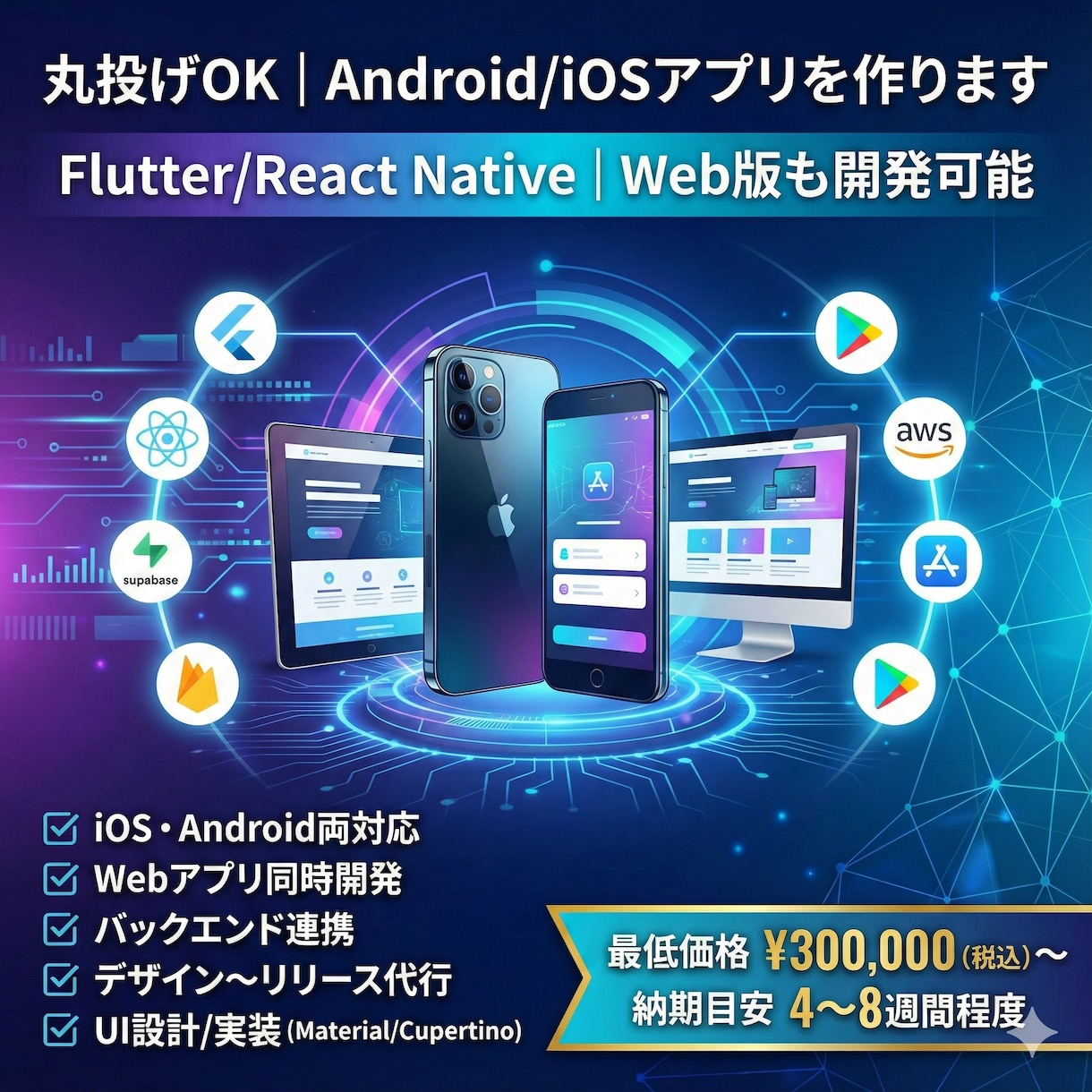 丸投げOK｜Android/iOSアプリを作ります Flutter/React Native｜Web版も開発可能 イメージ1