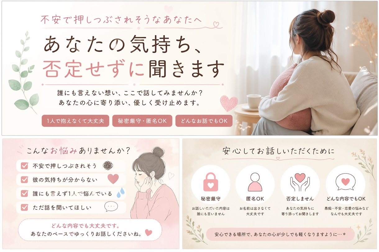 不安で押しつぶされそうなあなたの話否定せず聞きます 否定せず、あなたの気持ちに寄り添います イメージ2