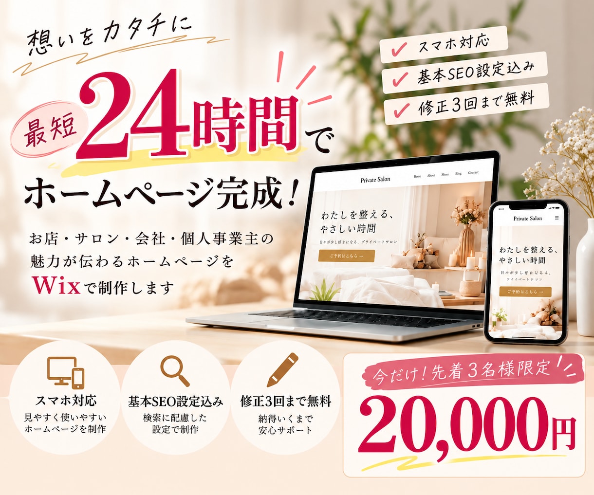 最短24時間でホームページを制作します 先着3名様限定20,000円！スマホ対応・修正3回無料 イメージ1
