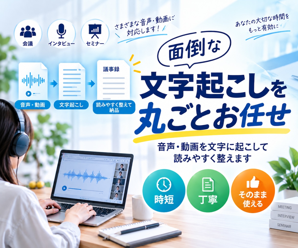 音声から文字起こし！そのまま使える議事録を作ります 会議の録音、インタビュー音声、セミナー動画など文章化します！ イメージ1