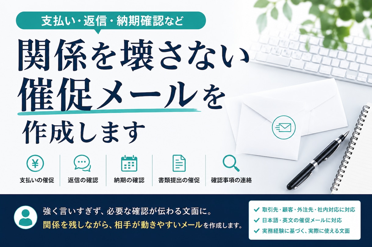 関係を壊さない催促メールを作成します 支払い・返信・納期確認を失礼なく伝える文面に イメージ1