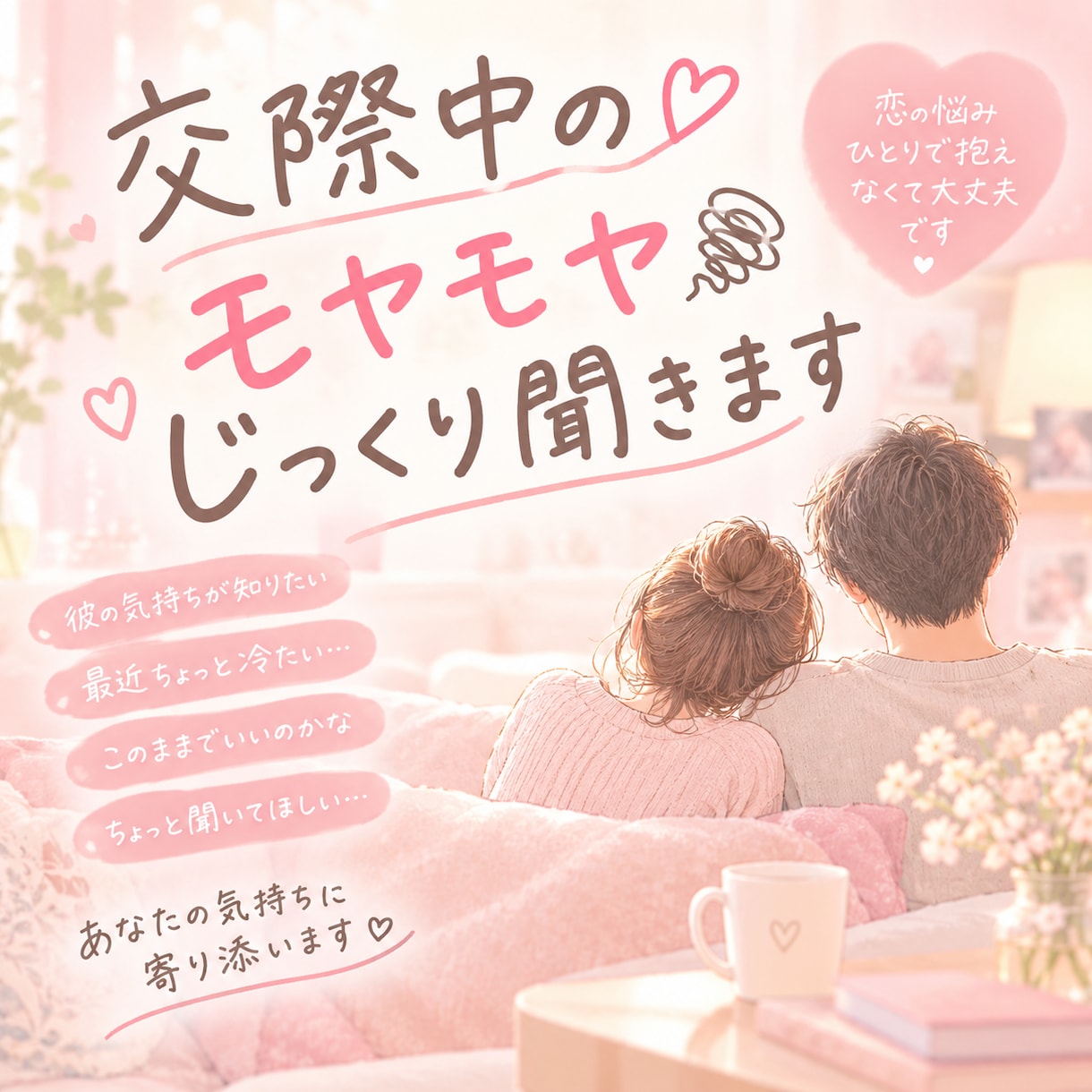 交際中の不安や愚痴を聞き、客観的に助言します 否定せず丸ごと受け止めます。客観的な意見が欲しい方へ。 イメージ1
